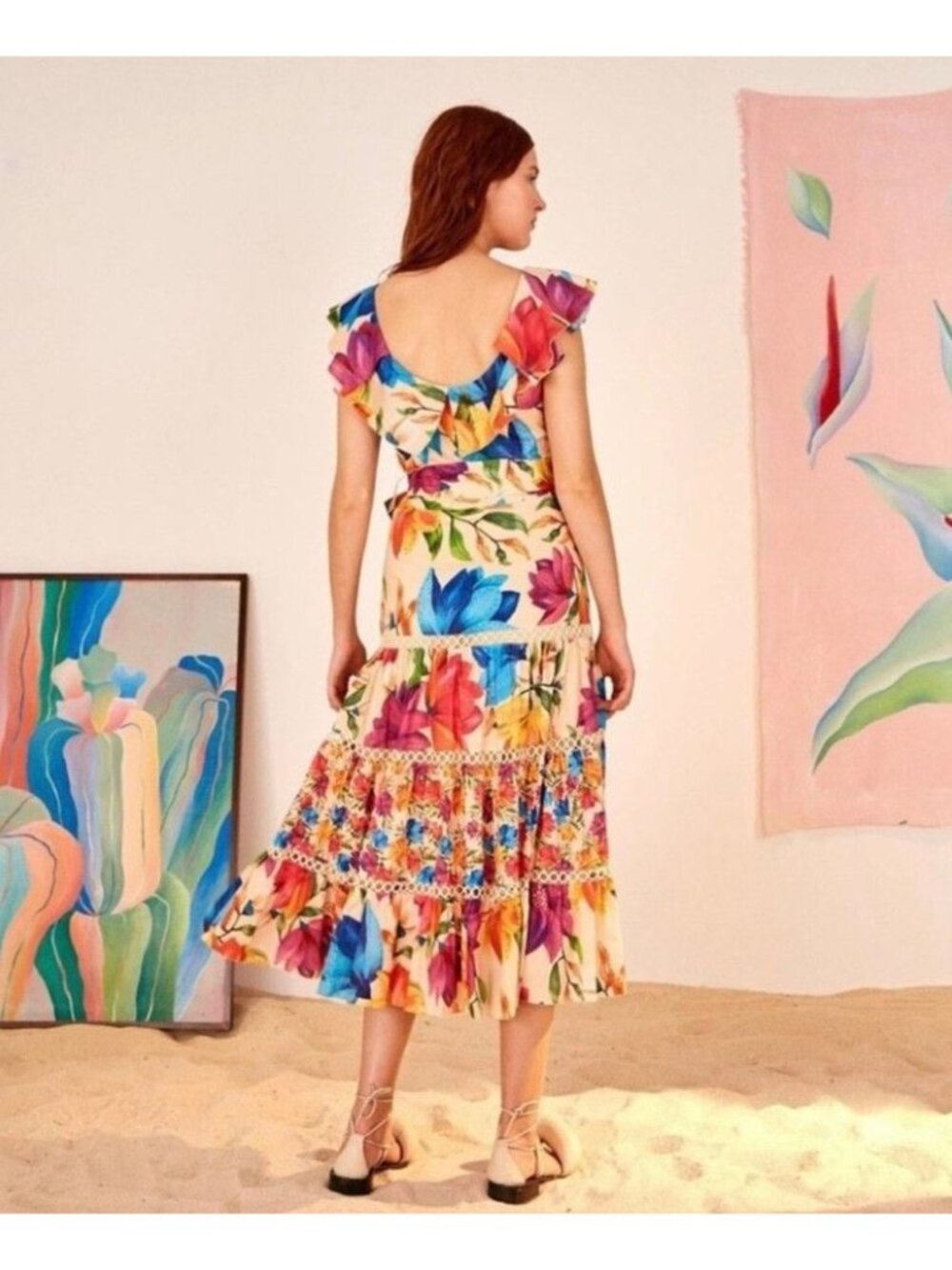 New Farm Rio Mary’s Garden Frilled Top Midi Dress Size XS Colorful Floral - Picture 3 of 9